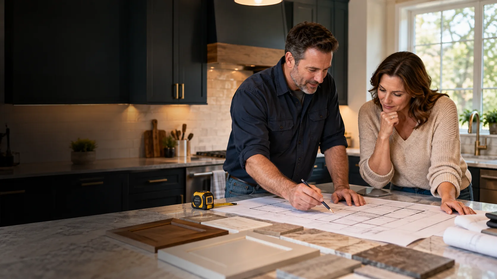 Illustration of a homeowner and renovation advisor reviewing project drawings and material samples in a kitchen
